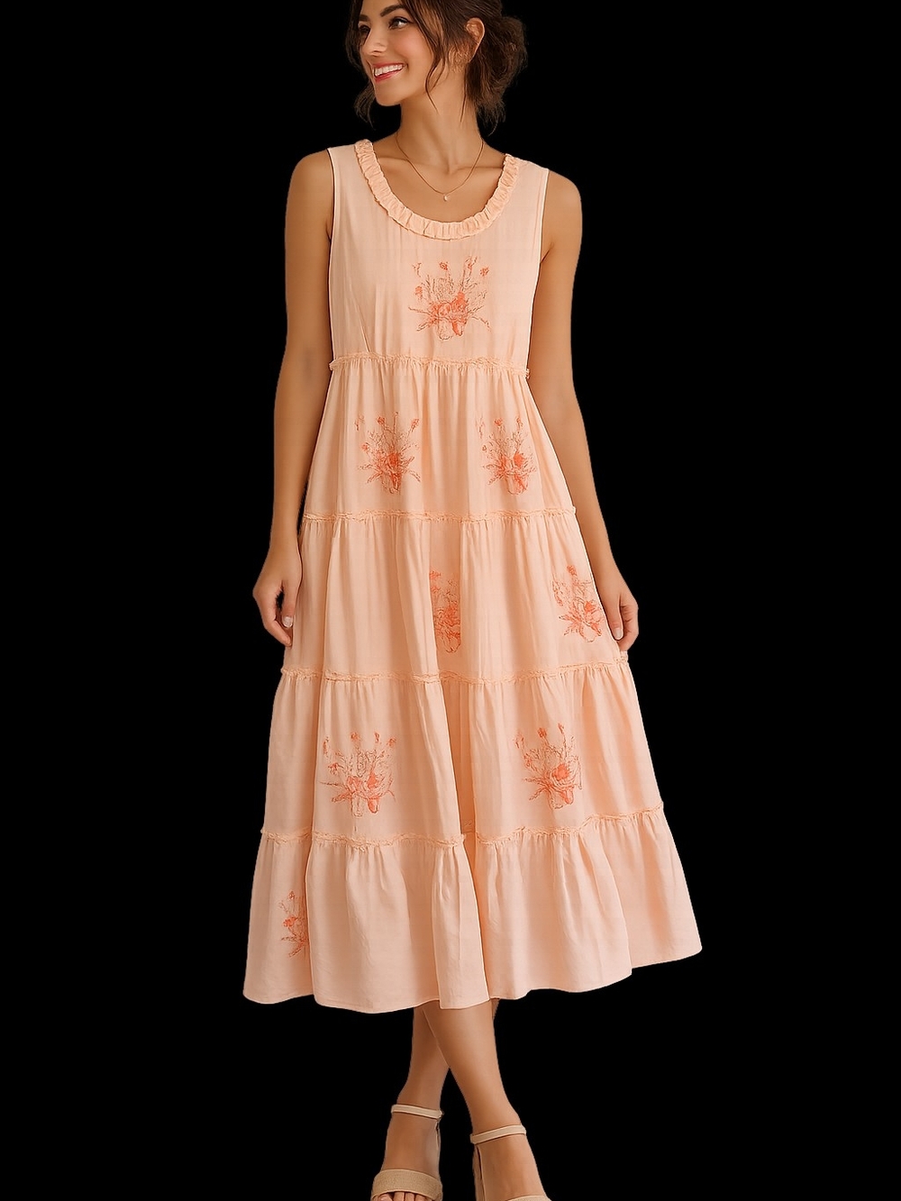 Sleeveless Peach Tiered Maxi Dress with Floral Embroidery